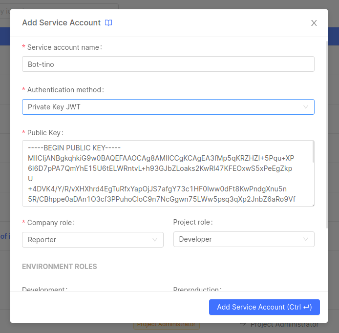 Add Project Service Account with private key jwt auth