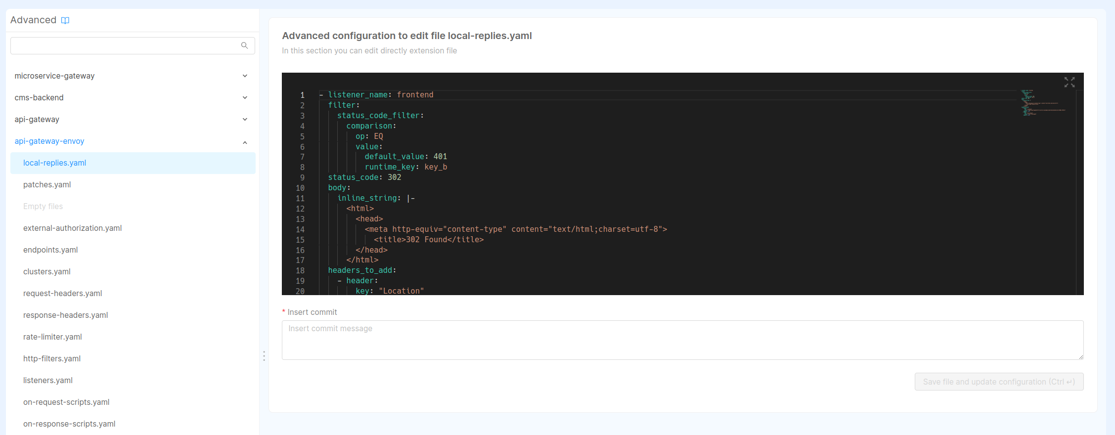 Console advanced tab in Design section showing 'api-gateway-envoy' configuration