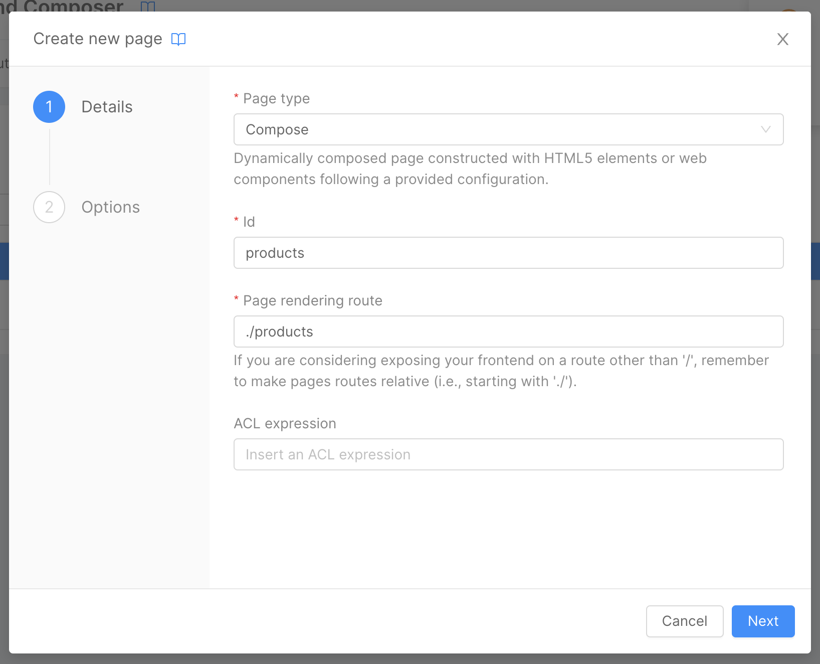 Microfrontend Composer Create New Page