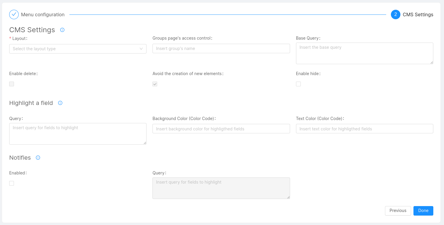 Create CMS page step 2 form