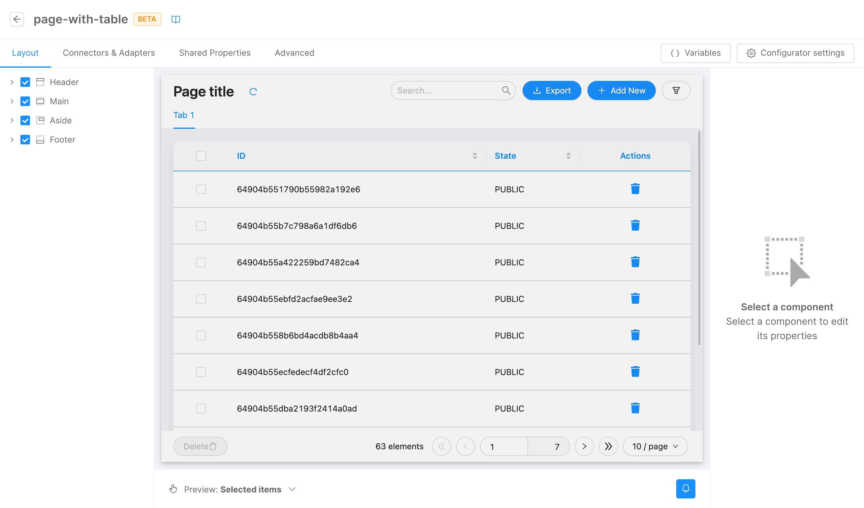Page with table template