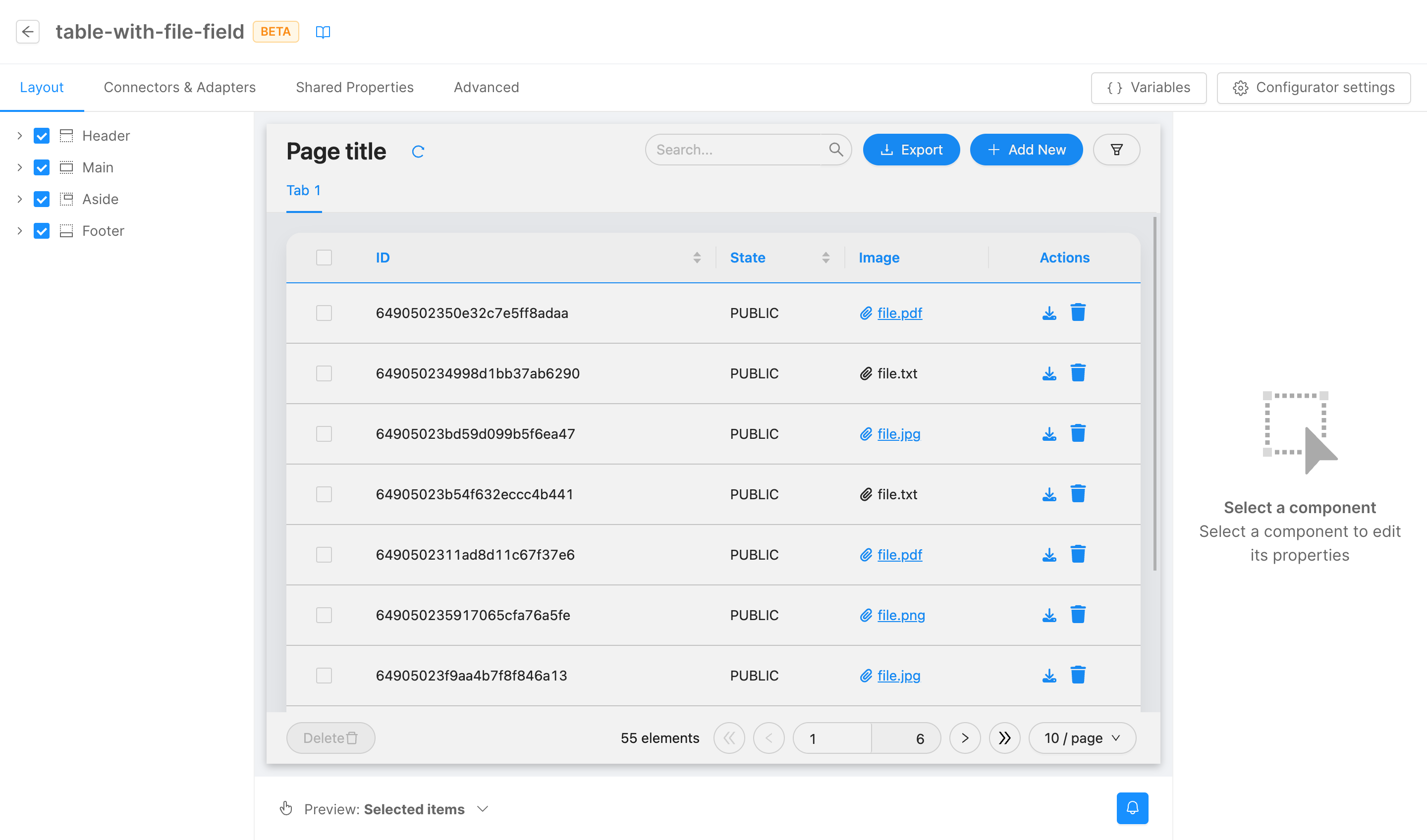 Table with file field template