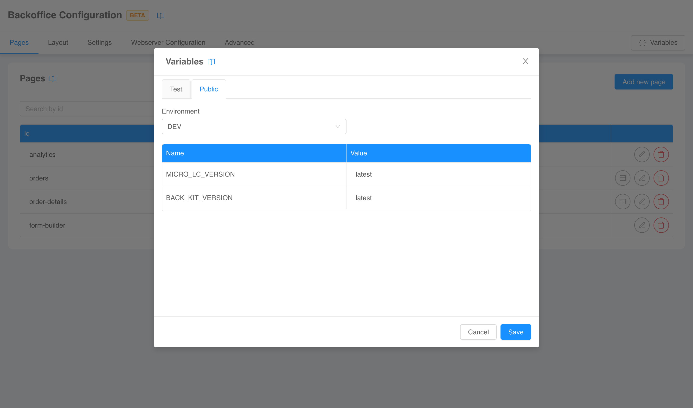 Environment modal public tab