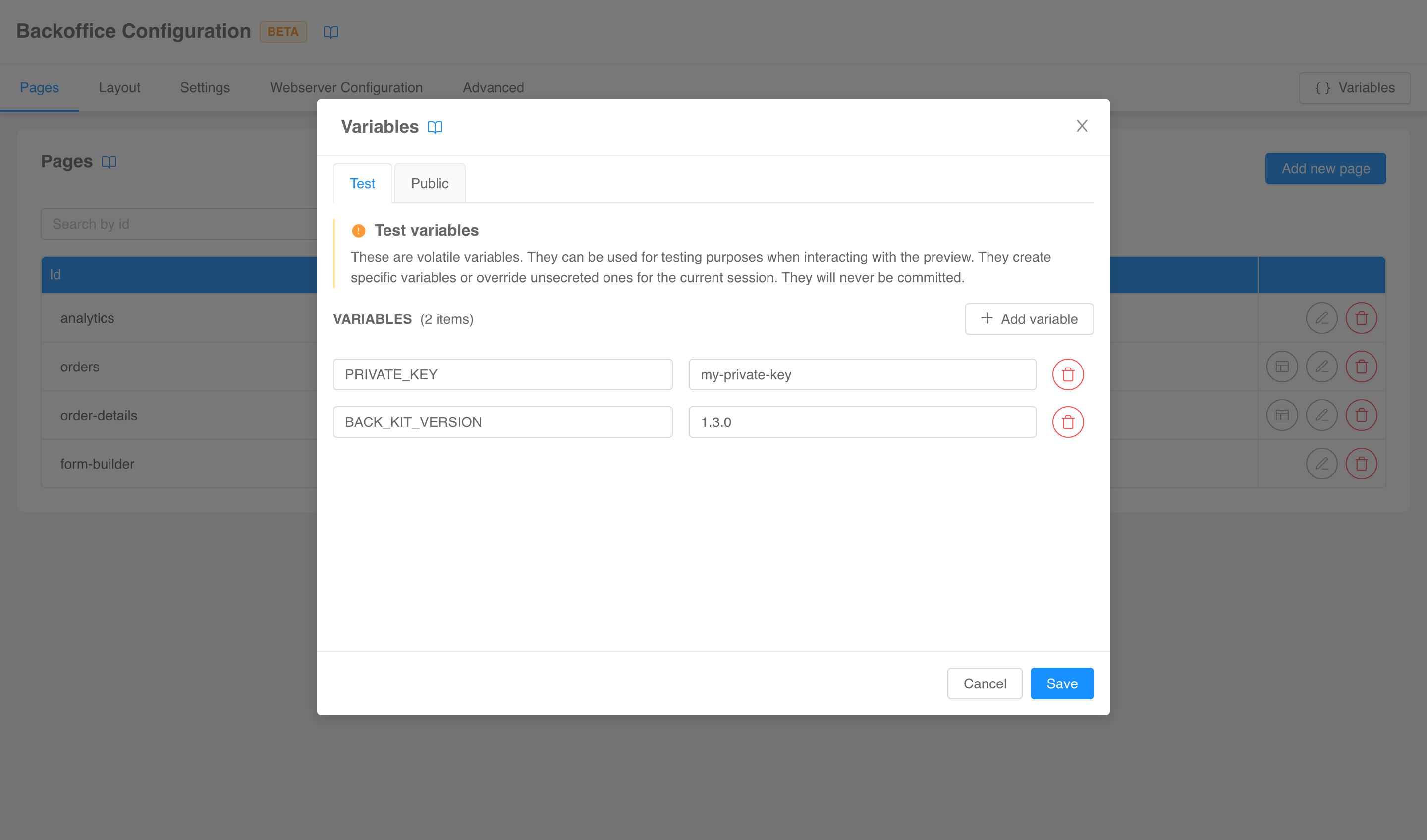Environment modal test tab