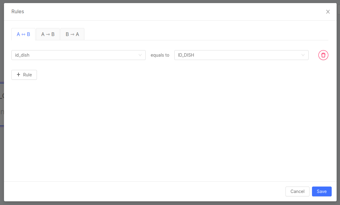 Condition editor from pr_dishes to pr_reviews, A ⟷ B tab