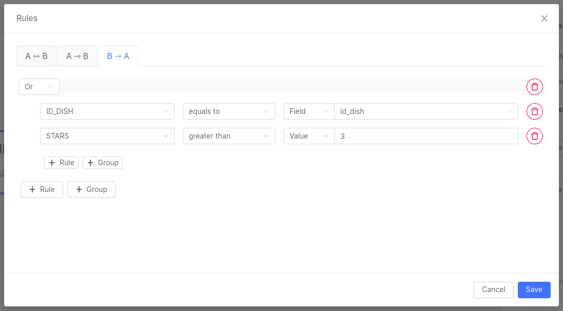 Condition editor from pr_dishes to pr_reviews, B → A tab