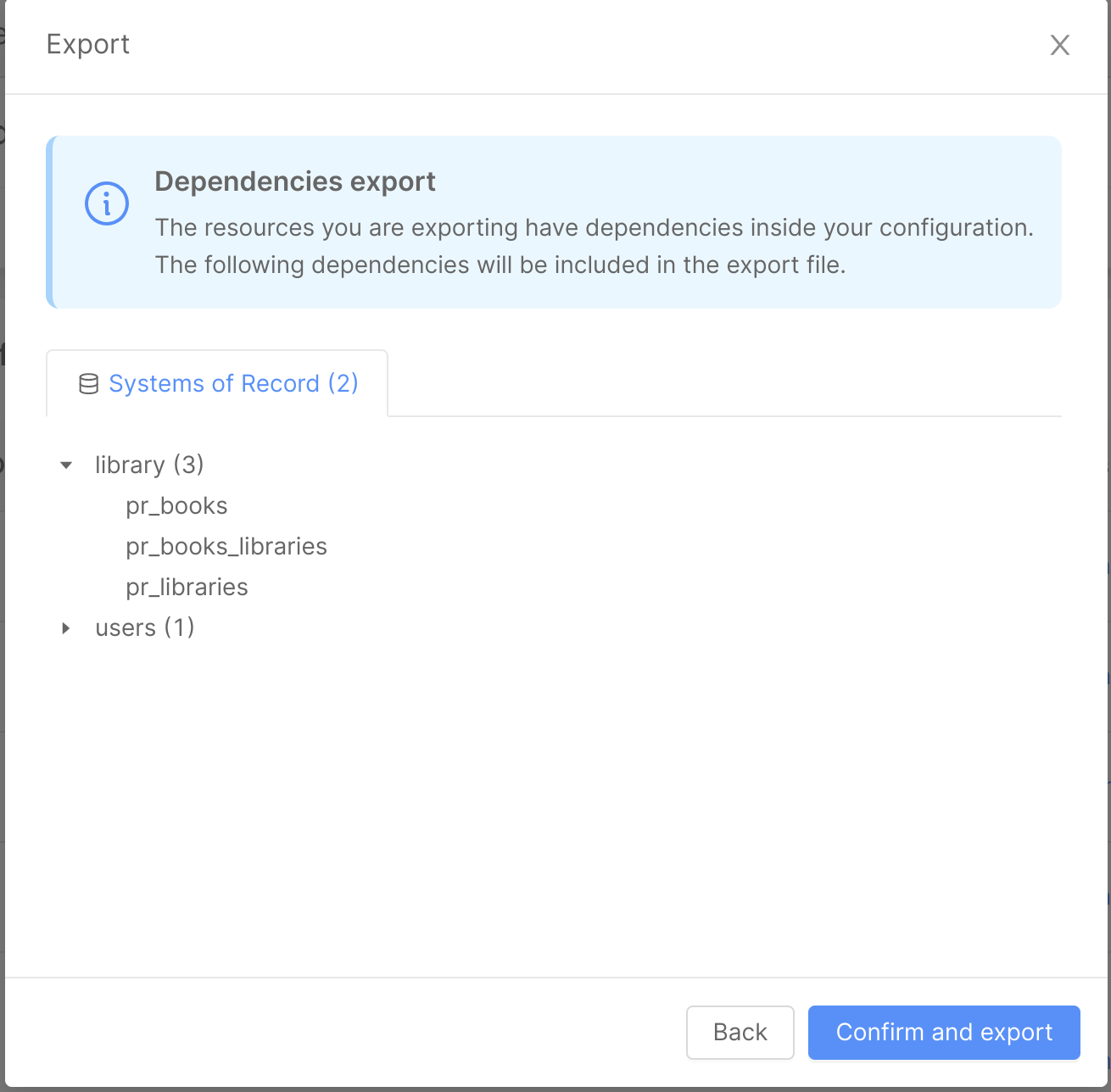Export modal with dependencies
