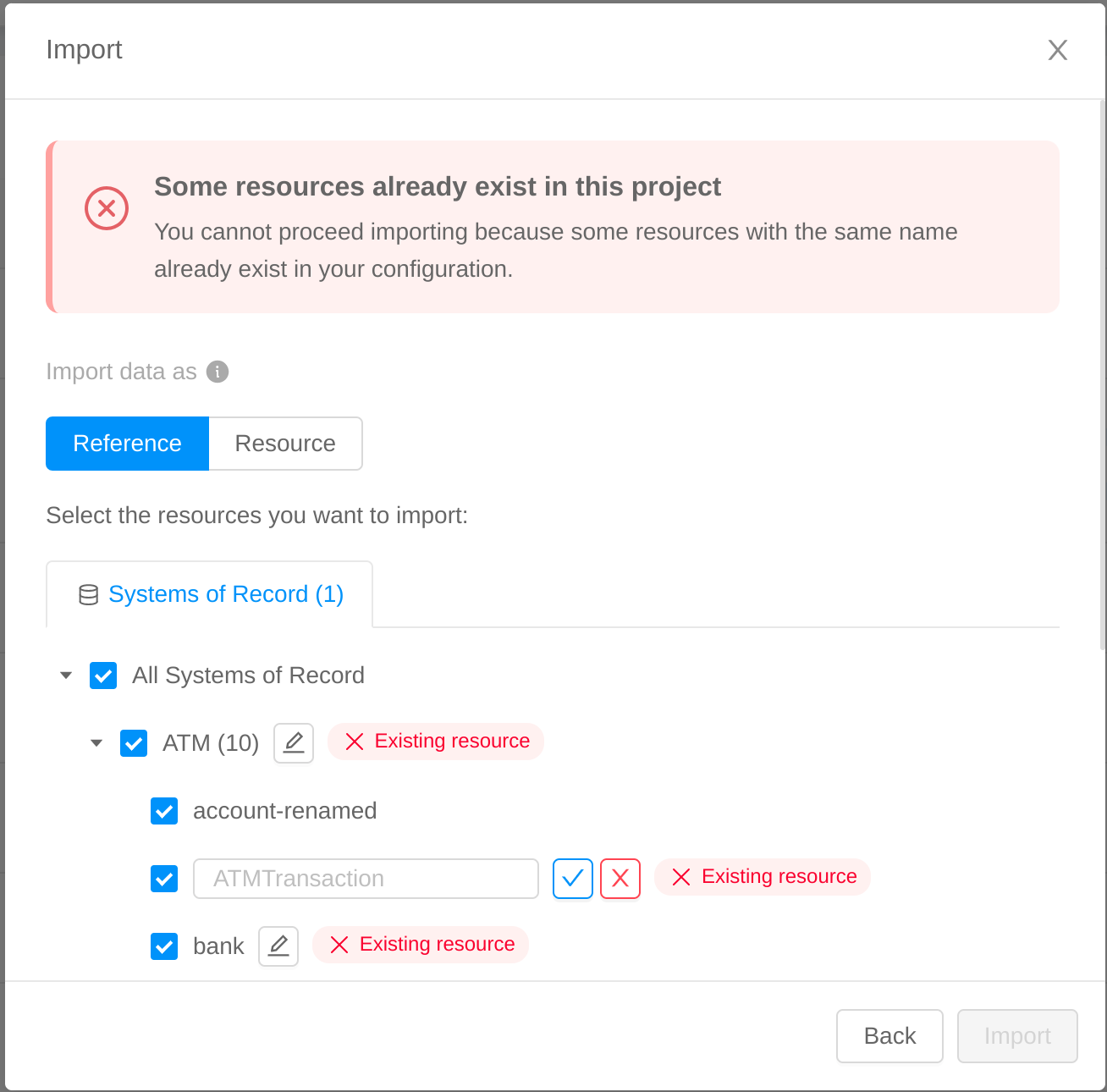 Import modal with error