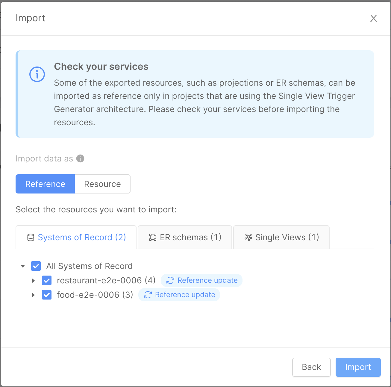 Import modal with reference update