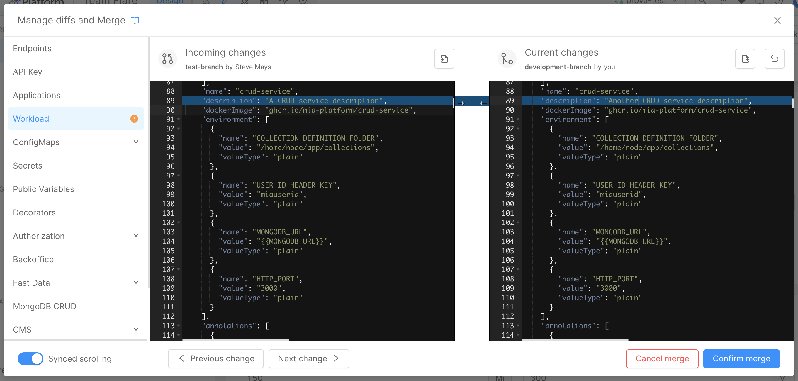 Merge configuration modal