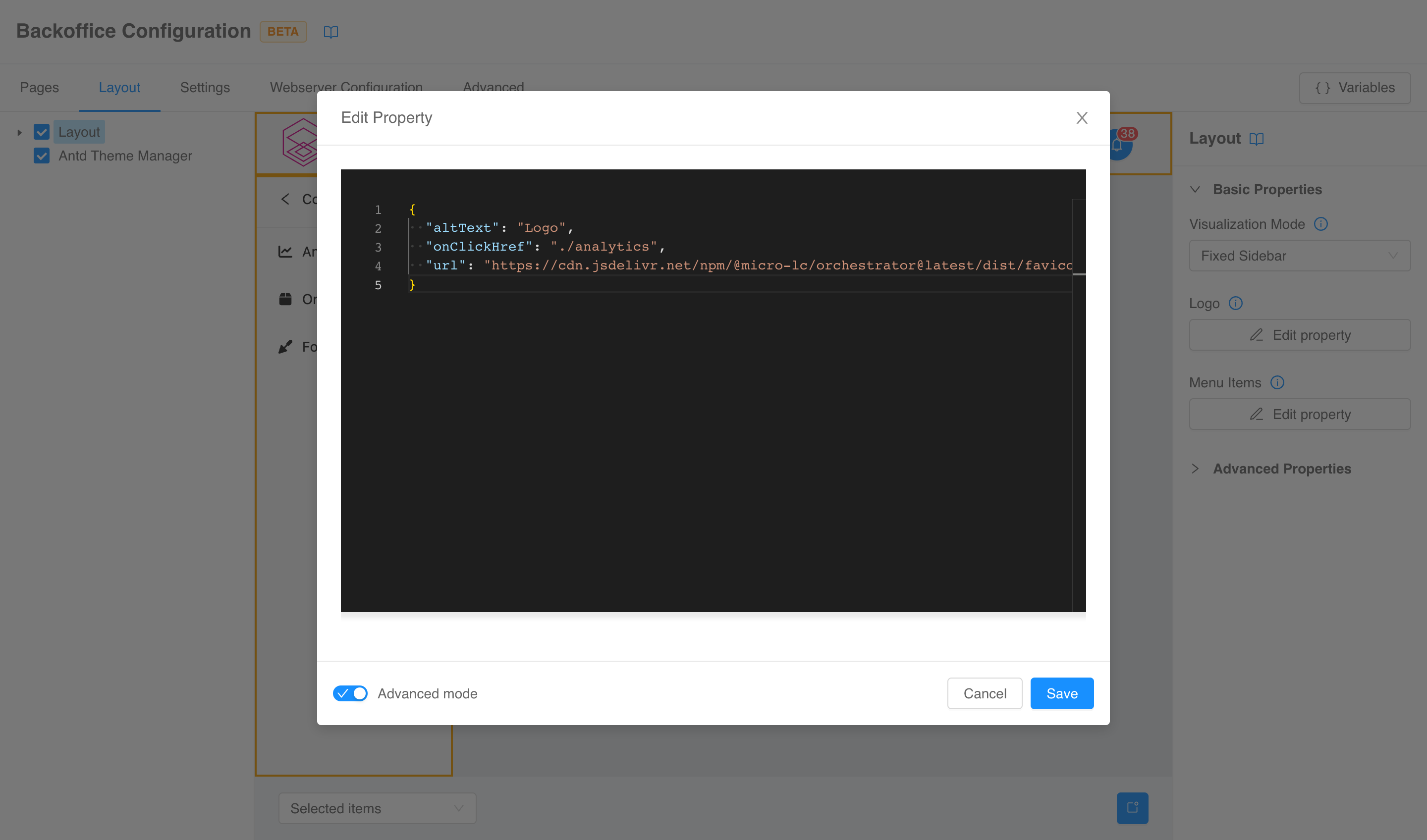 Right menu modal advanced mode