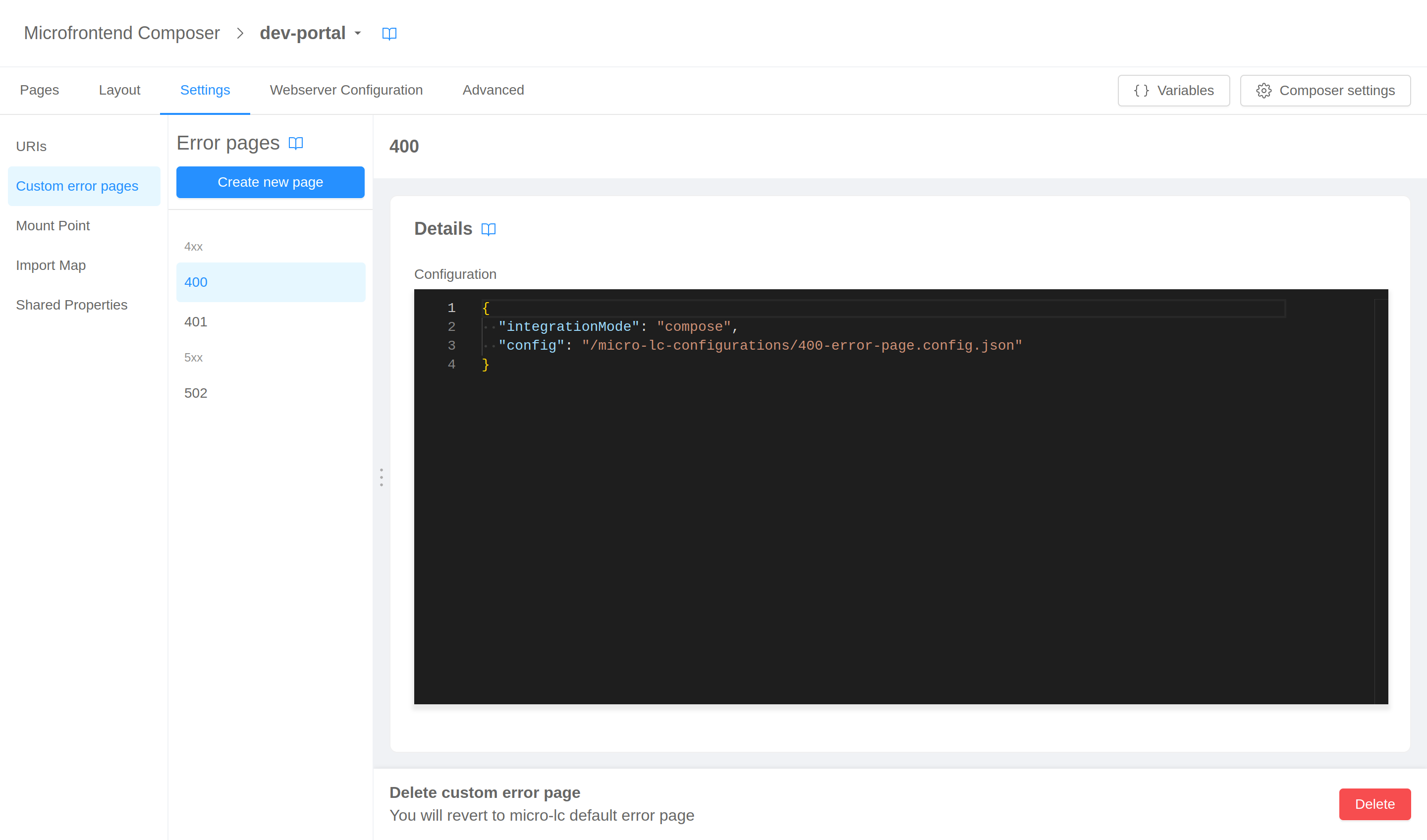 Error pages settings