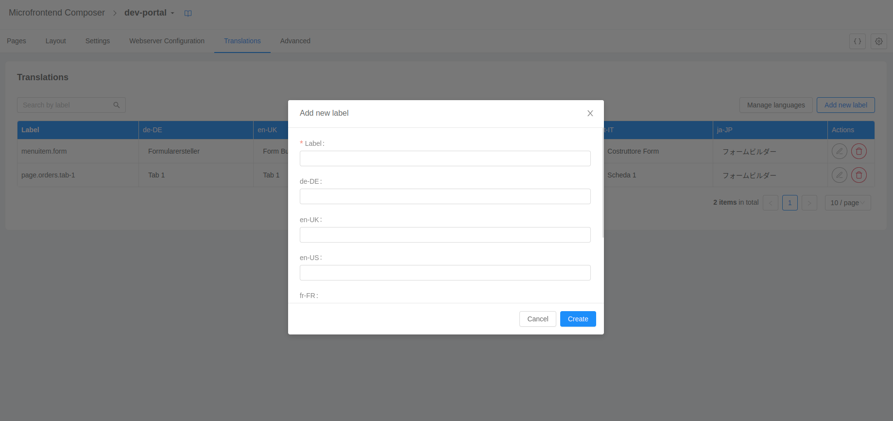 Translations add new label