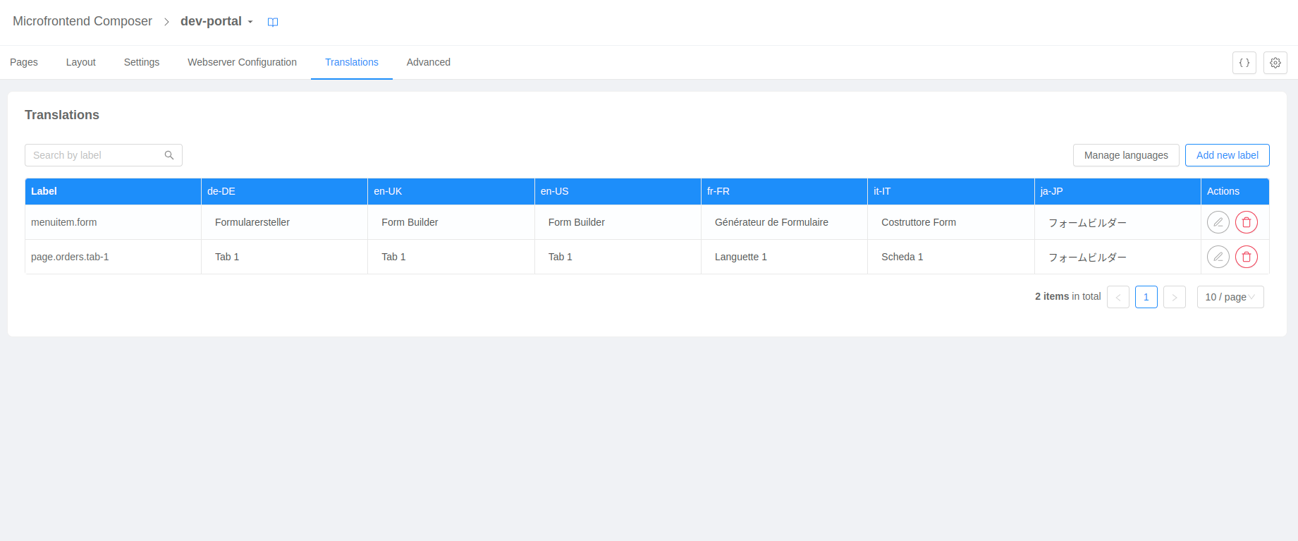 Translations configurator