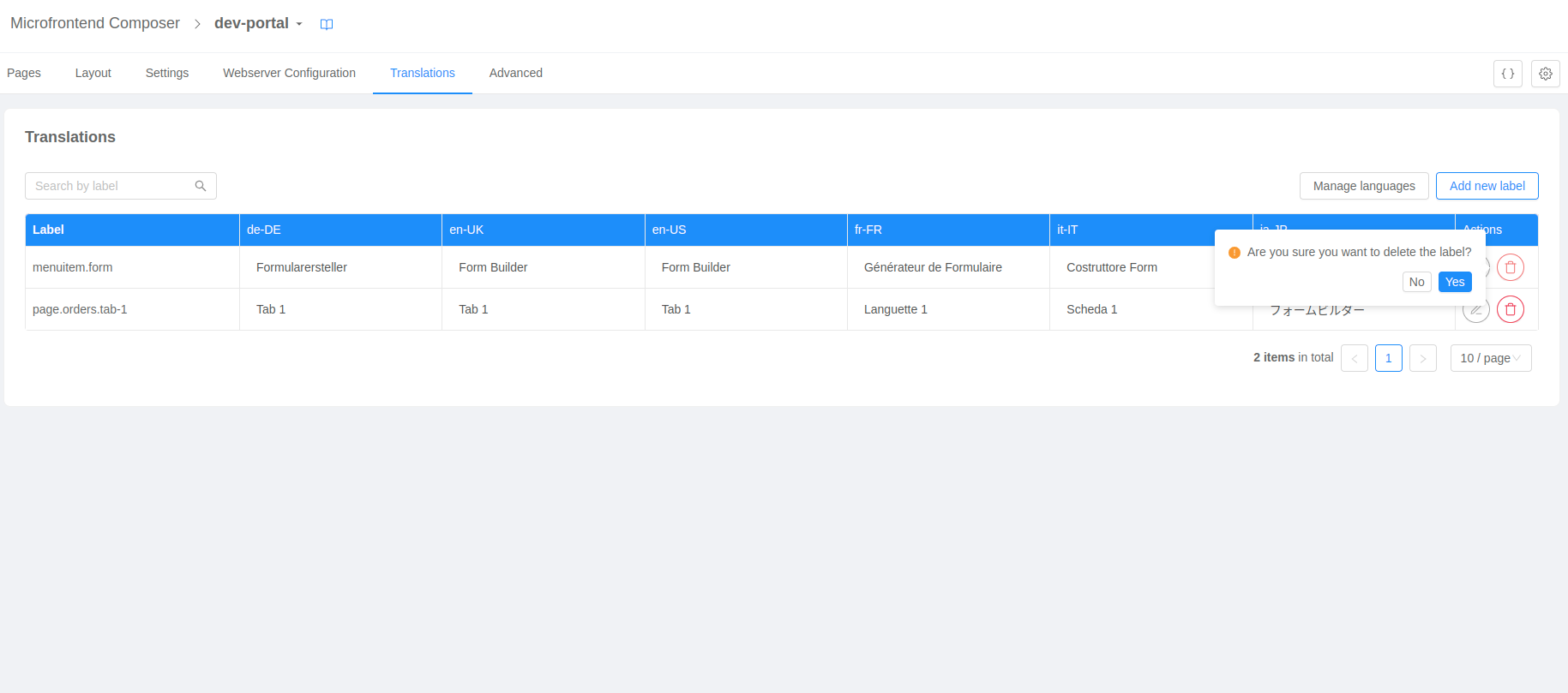 Translations delete label