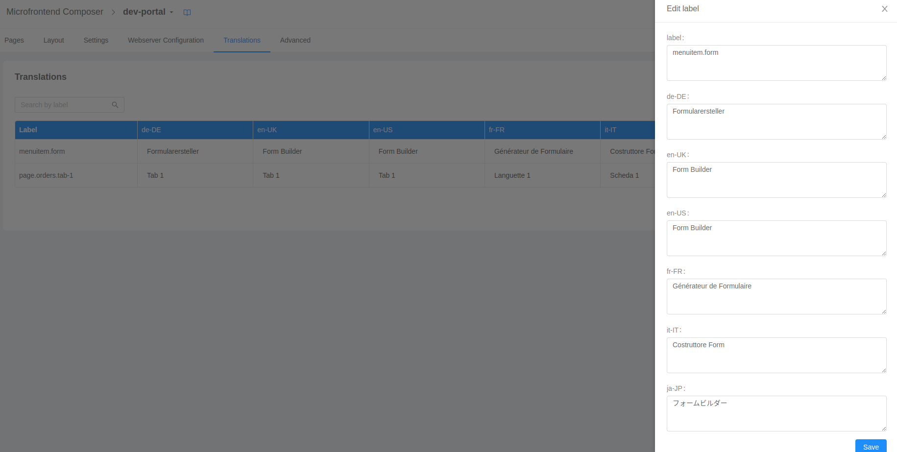 Translations edit label