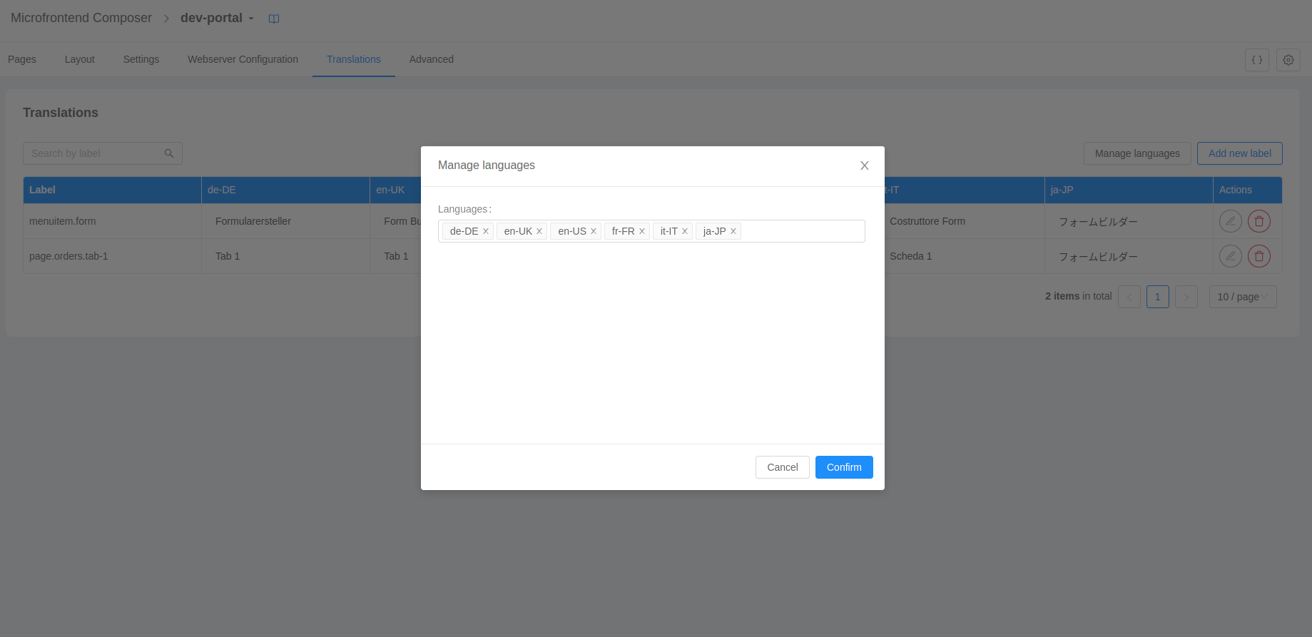 Translations manage languages