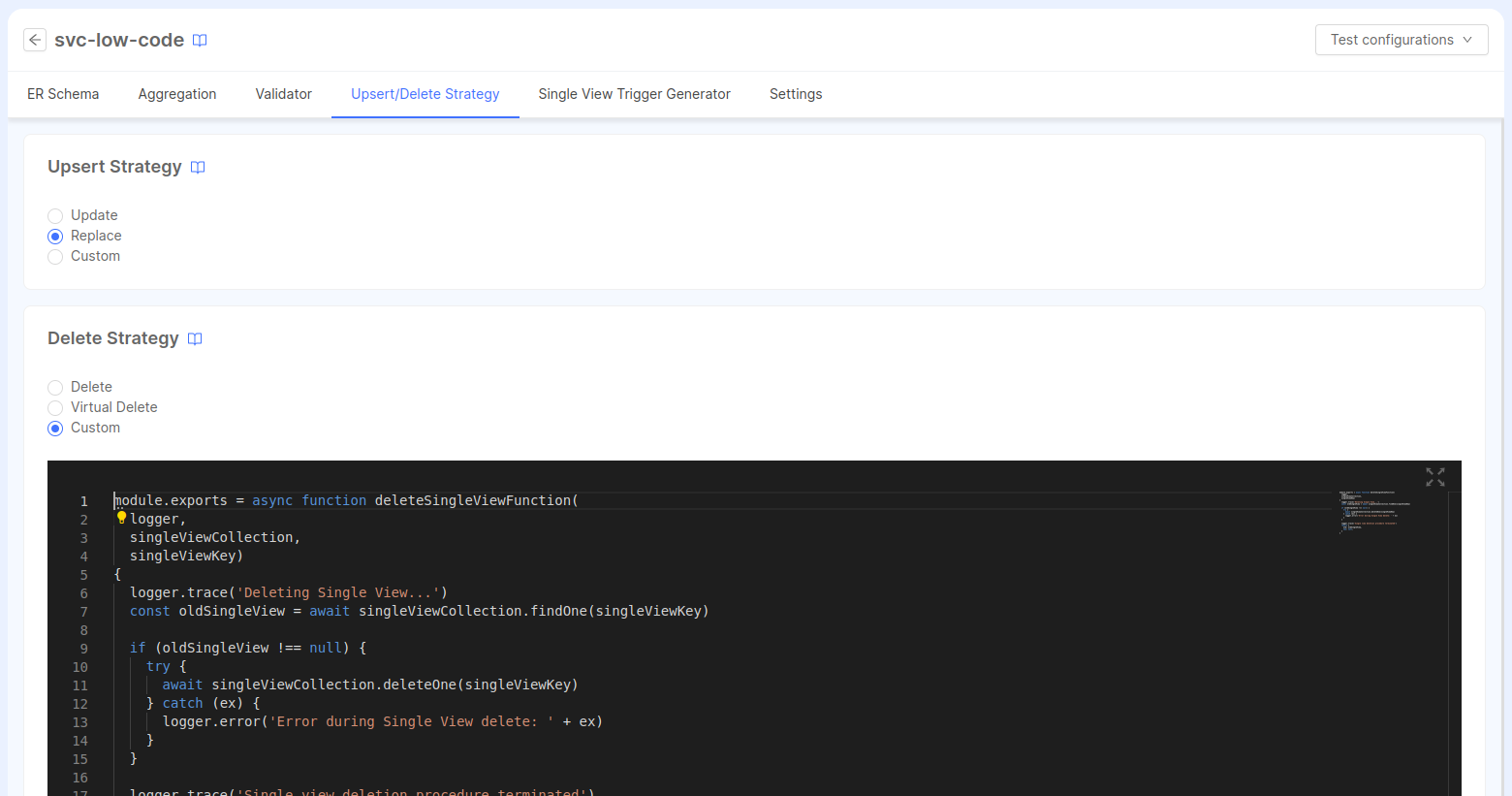 Upsert-Delete Strategy configuration page