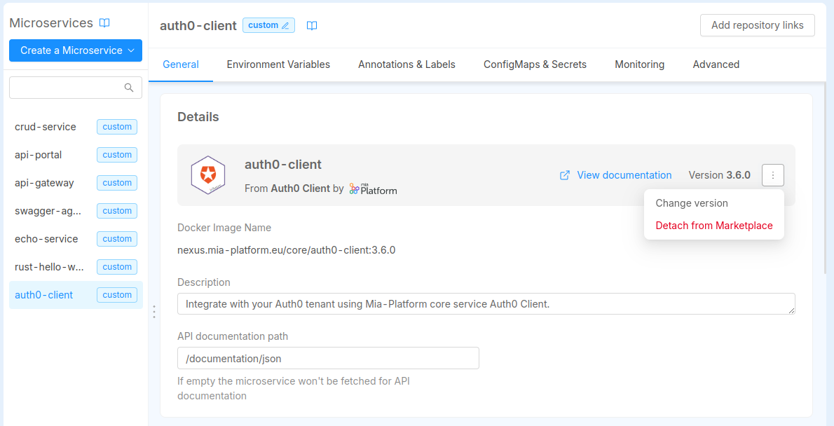 Detail of a service generated from a versioned Marketplace plugin