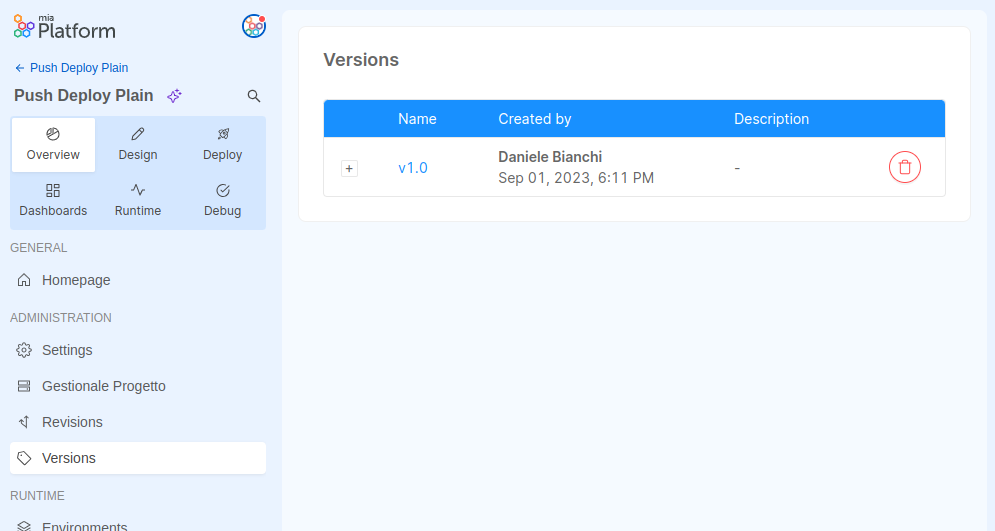 Versions management page